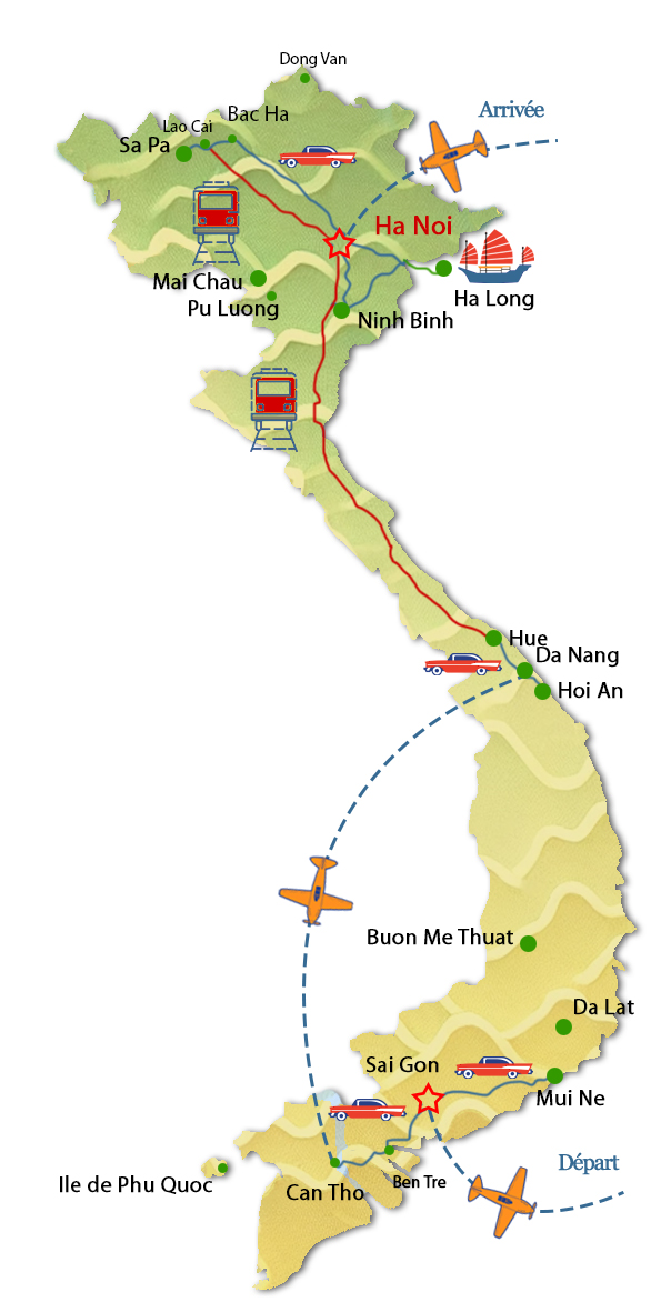 Carte du Circuit Vietnam en famille du nord au sud en 20 jours 